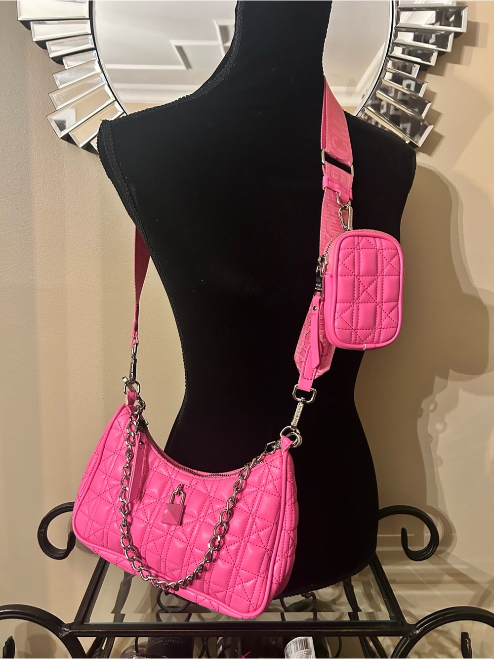 Steve Madden Pink Quilted Crissbody Bag with Detachable Pouch